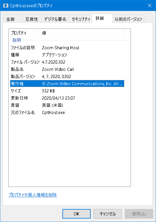Zoom ミーティングアプリのファイル情報